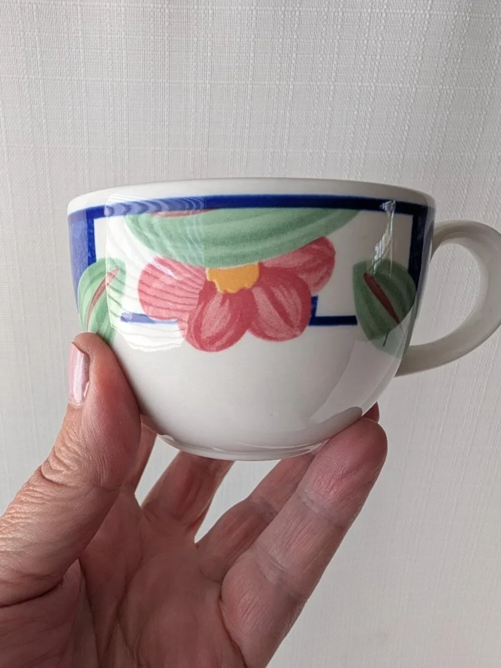 1990s Johnson Brothers Hopscotch Blue 4 Coffee Cups & Matching Saucers